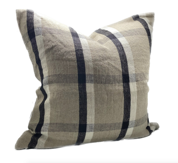 LINEN CHECK CUSHION 55X55CM - NATURAL/ BLACK/IVORY